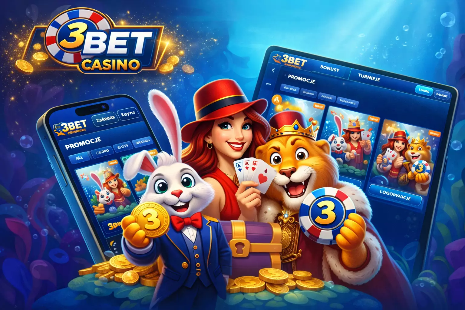 Colorful 3Bet Casino promotional image featuring a woman, a rabbit, and a lion with gaming elements and a mobile device.